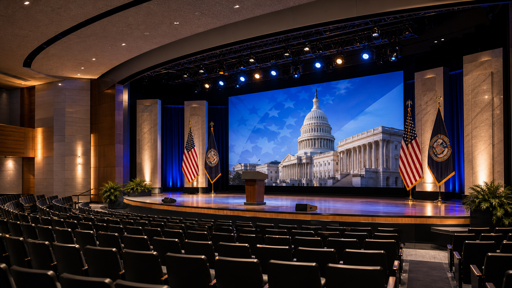 Government auditorium stage with LED screen, podium, flags, and theater seating